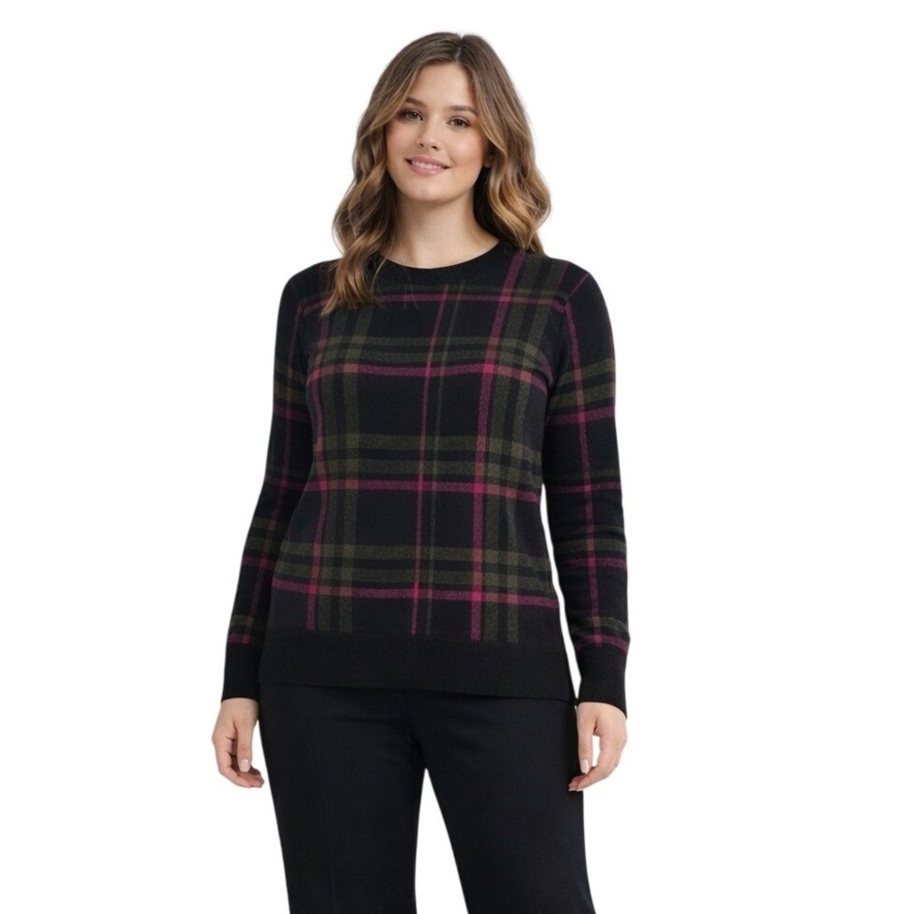 Loft Outlet Womens Plaid Crew Neck Sweater Navy Pink Green Cotton Size S